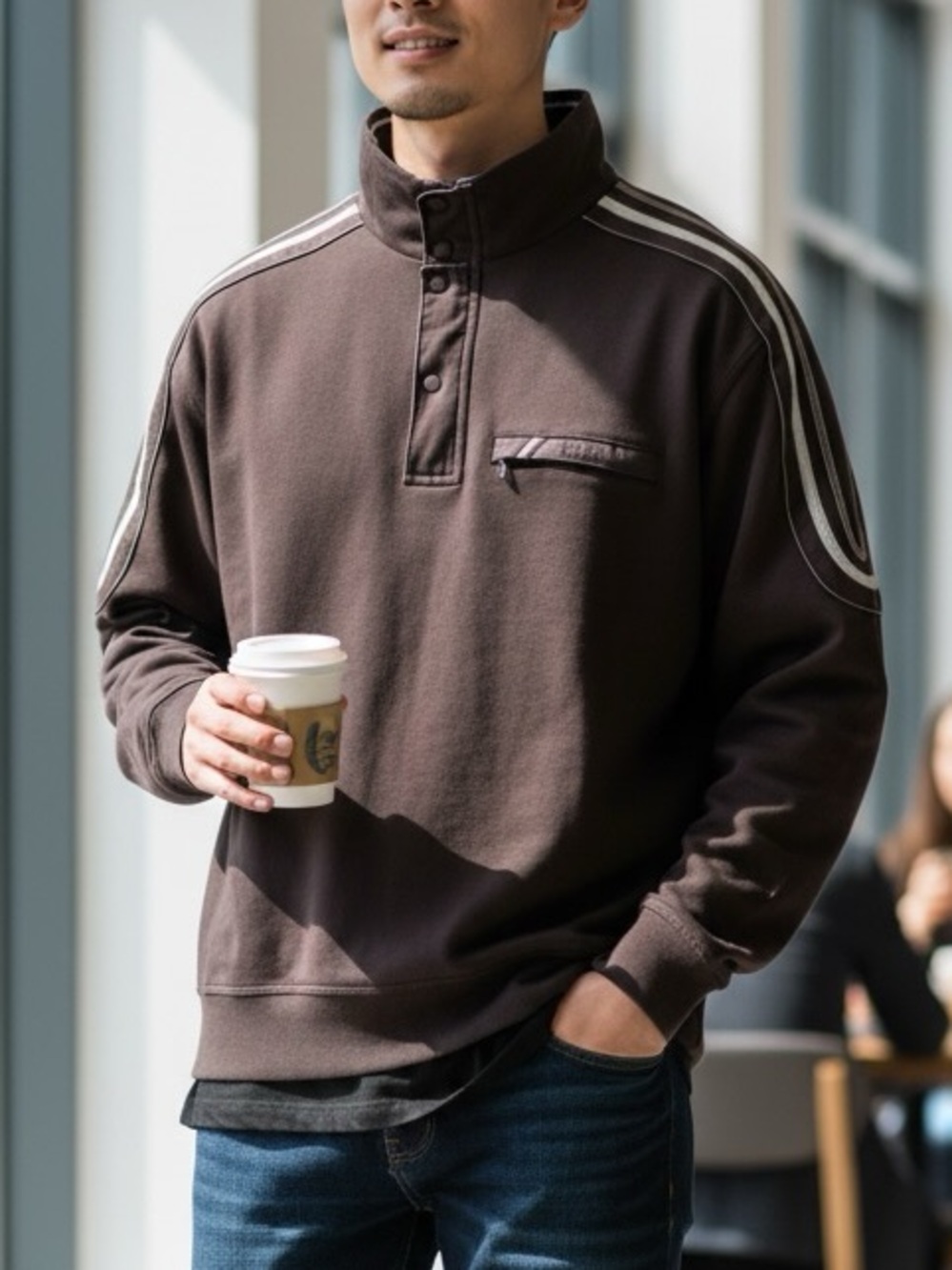 Bugatti Men's Brown Quarter-Zip Pullover Sweater Jacket, Cream Stripe size med
